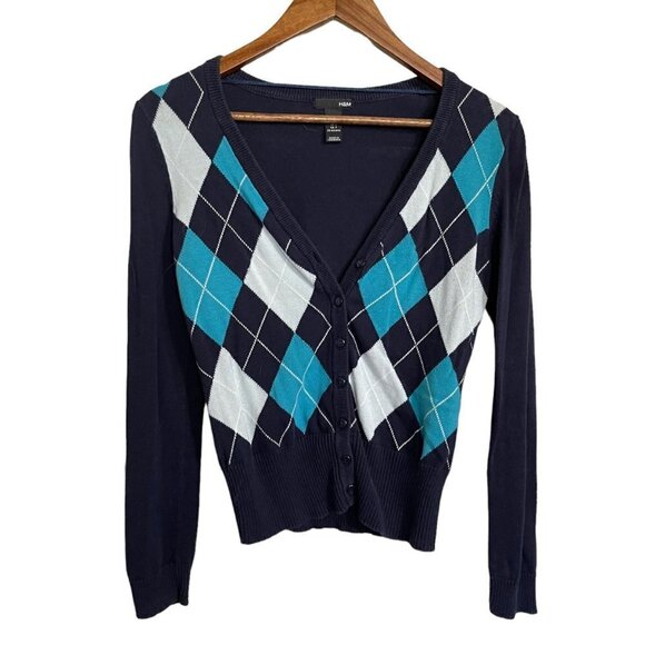 H&M Womens Blue Argyle Long Sleeve Ribbed Trim Academia Cardigan Sweater Small - Picture 1 of 5